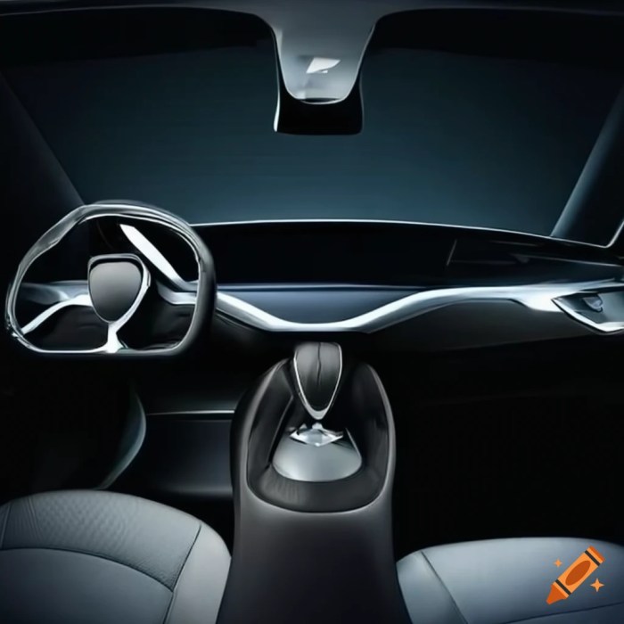Interior of a sleek black concept car with futuristic design on Craiyon